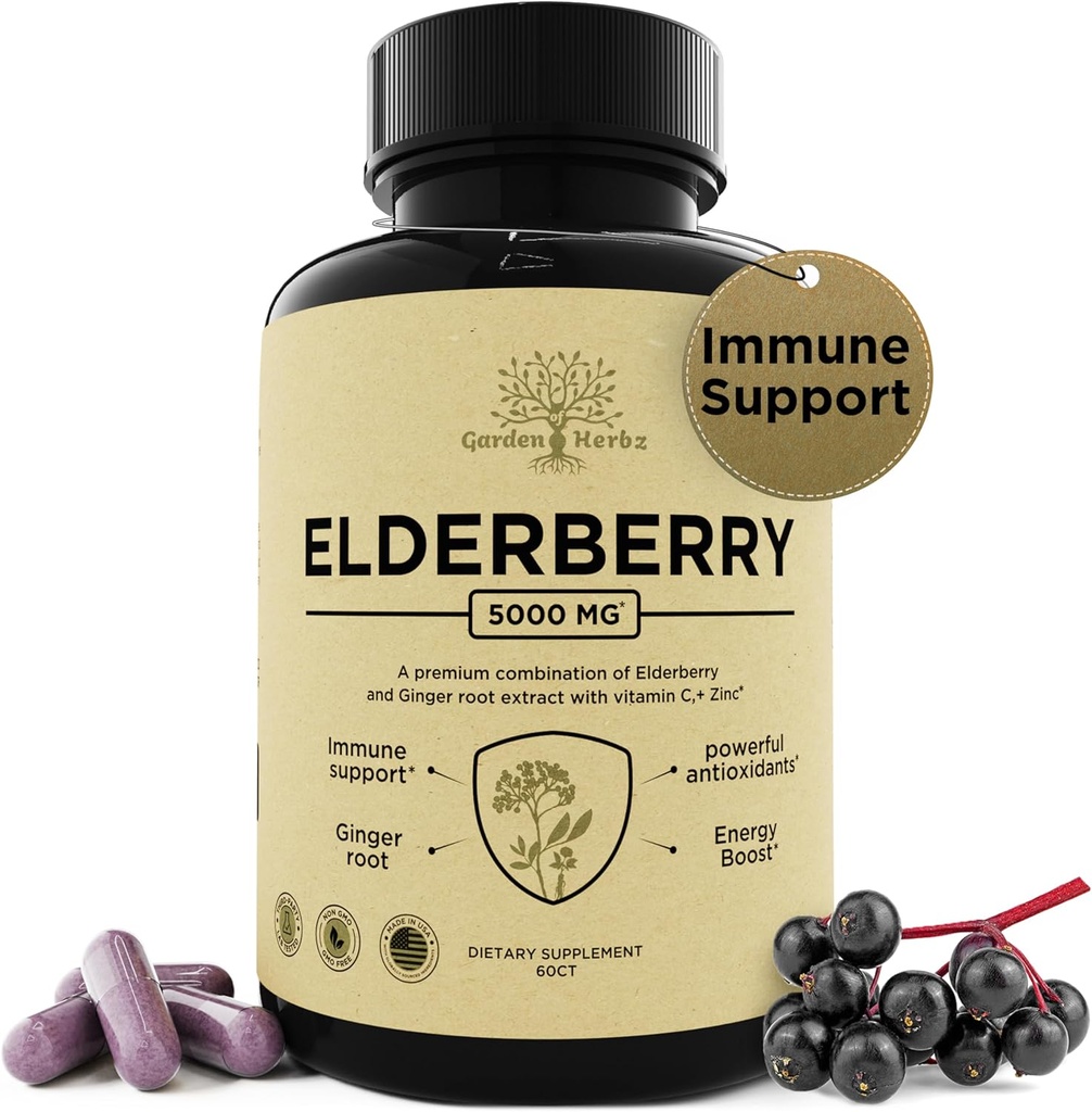 Elderberry עם ויטמין C, Zinc, & ג'ינג'ר - Potent Immune Booster 5000 Mg Elderberry, Zinc, ויטמין C - ויטמין non-GMO עבור מבוגרים כדי לעזור לך להרגיש Vibrant, 60 Caps.