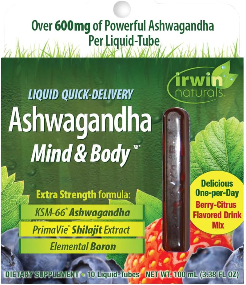 Irwin Naturals נוזלי Quick-Delivery Ashwagandha Mind & Body - 10 Liquid-FLs - Boosts Physical & Mental Performance - One-Per-Day Brad-Citrus Flavored Drink