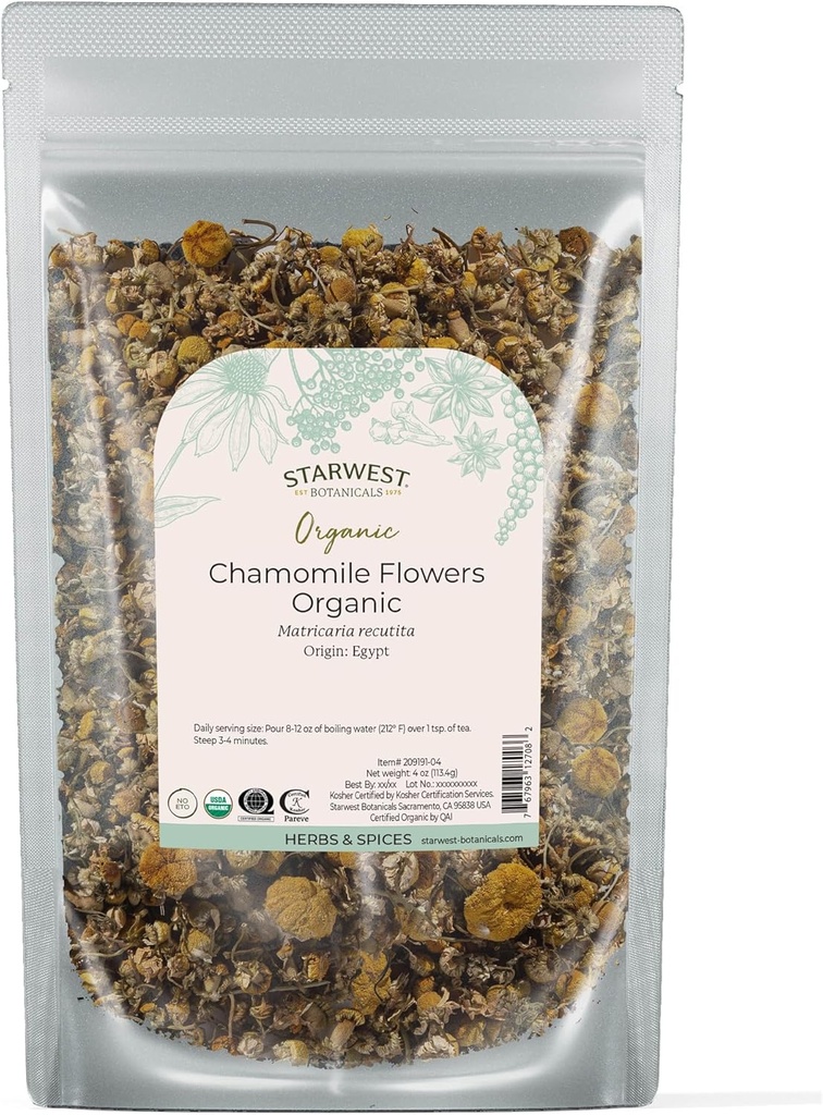 Starwest הבוטנים האורגניים Chamomile Flowers Whole - Dried Drop Leaf Herb for Tea, Herbal Lotions, & Baking, שמקורם במצרים, כשר מוסמך, Non-GMO - 4 oz Pouch