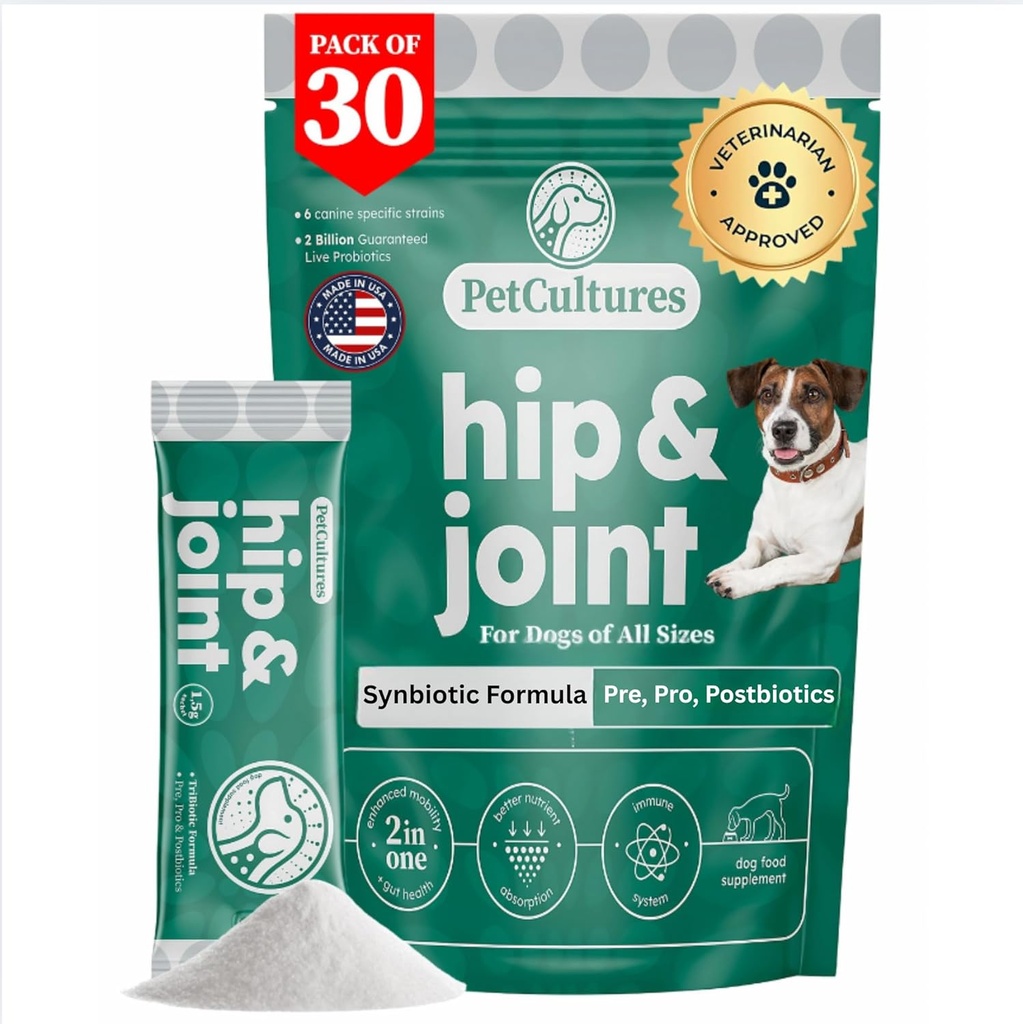 PetCultures hip & Joint TriBiotic אבקה, תוספי מזון Topper התומכים בכלב הניידות עם פרוביוטיקה, prebiotic ו postbiotic Plus Glucosamine & Chondroitin - מיוצר בארה"ב