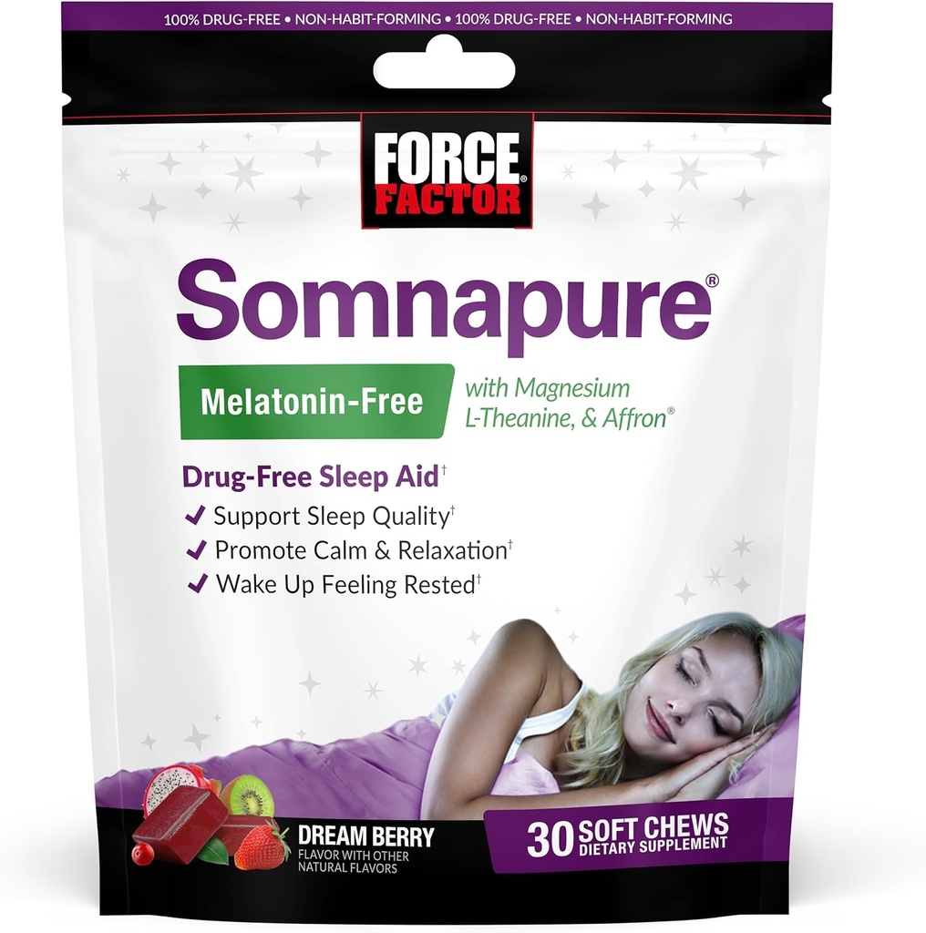 גורם כוח Somnapure מלטונין חינם צ 'יפס, Sleep Aid כדי לשפר את איכות השינה, Sleep Aids עבור מבוגרים עם Affron, Magnesium, L-theanine, Chamomile, Lemon Balm, Dream Berry Flavor, 30 Soft Chews