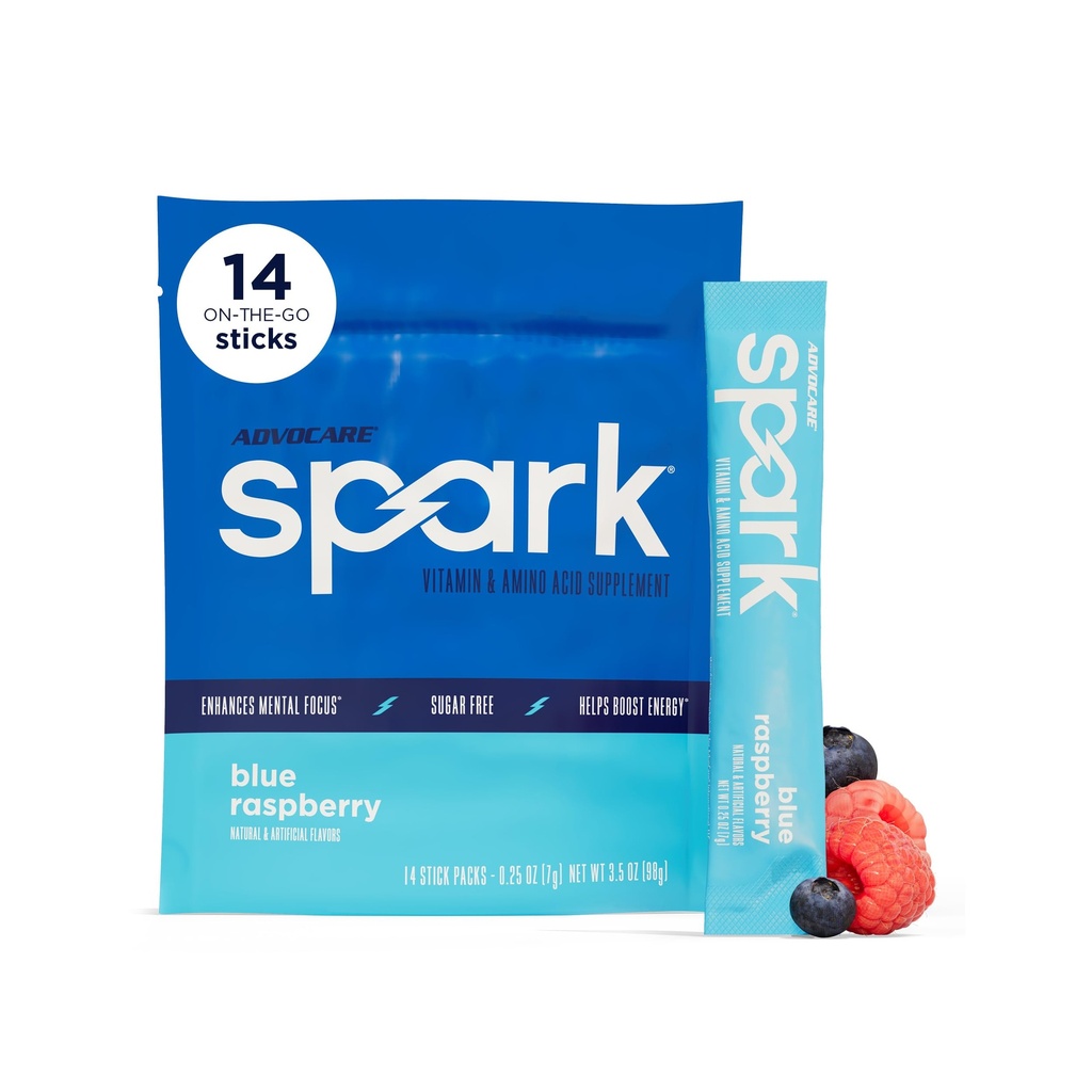 AdvoCare Spark - משקאות אנרגיה לערבב - ויטמין & Amino Acid תוסף - תומך אנרגיה & Focus * - Portable Immune Support * - Sugar-Free - Blue Raspberry, 14 Stick Packs (3.5 oz)