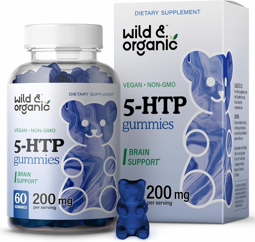 Wild & אורגני 5-HTP 200mg Mood Gummies - L-Tryptophan עבור מרגיעה ו Calm טבעי - 5 HTP תוספת לתמיכה במוח - 60 טבעוני, non-GMO 5HTP חניכיים