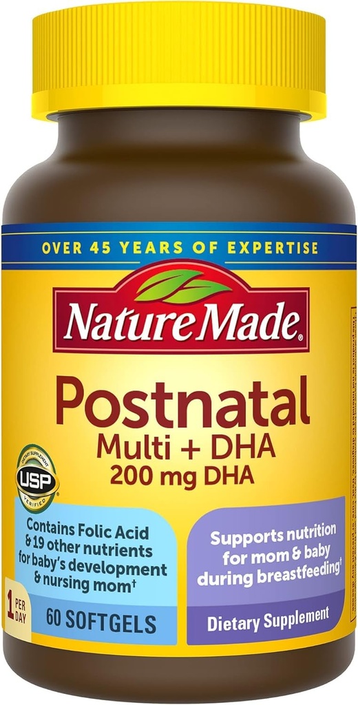 Nature Made Postnatal Multivitamin + DHA 200 מ"ג, 60 Softgels, כדי לתמוך אמהות סיעוד ותינוקות במהלך הנקה, ויטמינים פוסט לידתי ותזונה מונעת ברזל, ויטמין D3, Calcium, Iodine.
