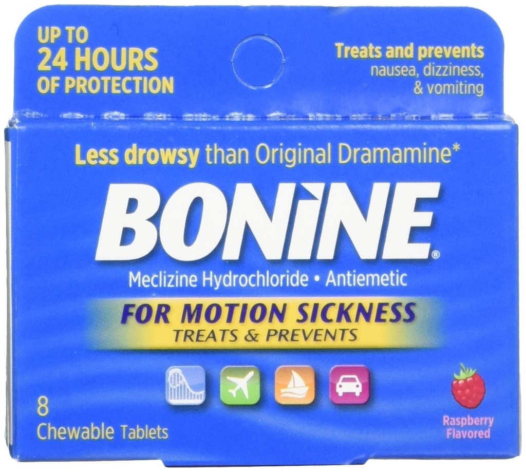 Bonine for Motion Sickness Chewable Tablet, Raspberry Flavored, 8 כל אחד