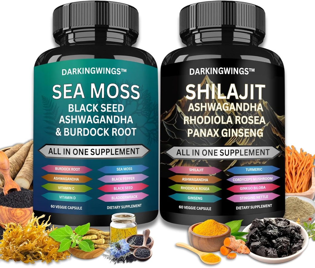 Shilajit ו ים mos combo -Sea Moss 3000 מ"ג, שחור Seed שמן 2000mg, Ashwagandha 2000mg, Shilajit 9000 מ"ג, Rhodiola Rosea1000 מ"ג, Panax Geneseng1500 מ"ג | מוטות הים וחבילת shilajit, כל אחד תוספת אחת