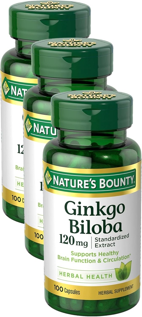 Nature's Bounty גינקו בילובה קפסולות 120 מ"ג, תוסף תמיכה בזיכרון, תומך בתפקוד המוח ואזהרות נפש, 100 קפסולות (Pack of 3)