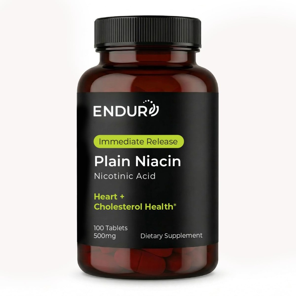Endur Plain Niacin (Nicotinic Acid), Heart Health & Healthy Cholesterol Balance תוסף, Immediate-Release Formula, Gluten Free, 500mg (100 טבליות)