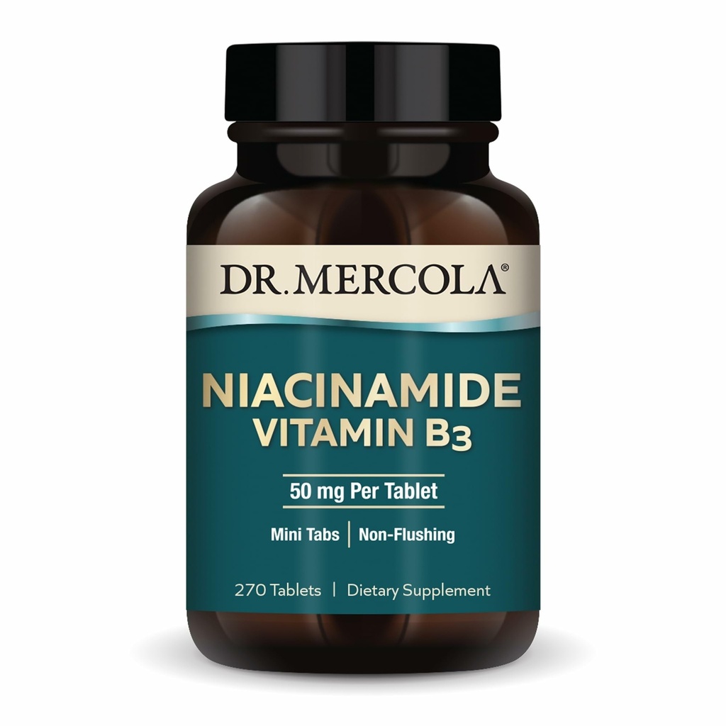 Dr. Mercola Niacinamide ויטמין B3-50 מ"ג ל- Tablet - תומך בבריאות המטאבולית - Non-Flushing - Mini Tabs - Non-GMO, Gluten-Free & Soy-Free - 270 משרתות (270 טבליות)