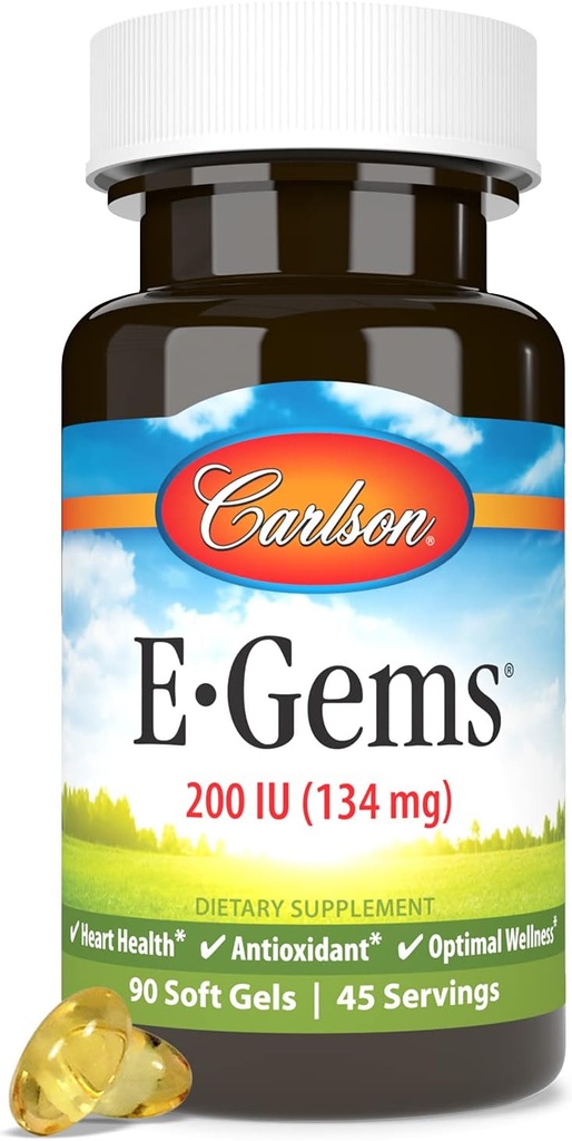 קרלסון E-Gems 200 IU (134 מ"ג), הורמון טבעי ויטמין E, Optimal Wellness, 90 Soft Gels