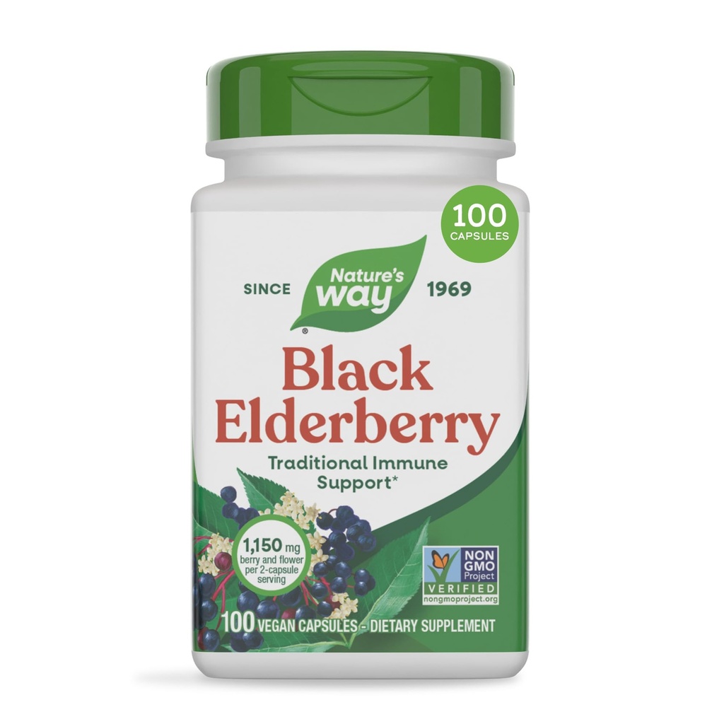 הדרך של הטבע Black Elderberry קפסולות, תמיכה מסורתית Immune * תוספת עם Elderberry ו-Elderflower, הצמח מופעל, 100 קפסולות (Packaging May Vary)