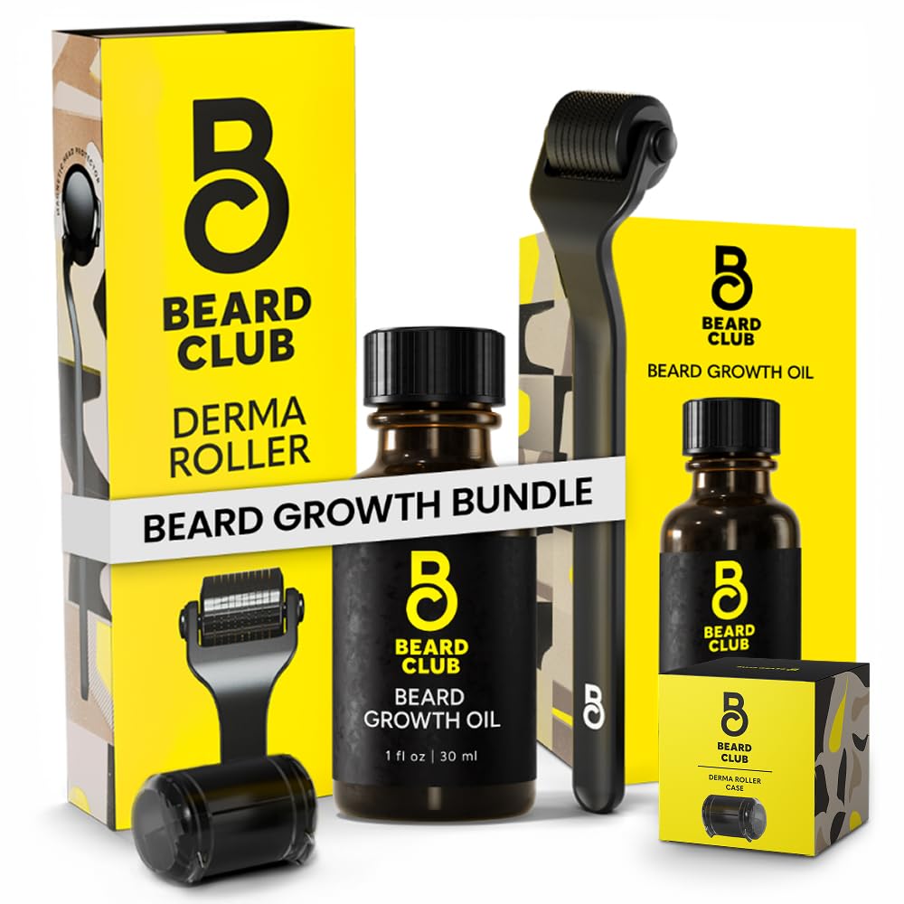 Beard Club Premium Derma Roller & Beard Growth Oil - Microneedling Roller עם 540 Titanium Microneedles for Face, Body and Scalp - Beard Roller with Sandalwood & Cedar Beard Oil