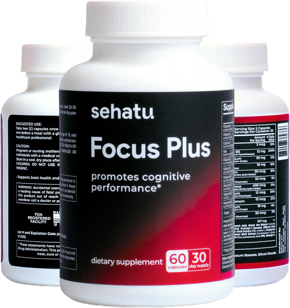 Focus Plus Cognitive Performance Enhancer | עם N-Acetyl L-Tyrosine, DMAE bitartrate, GABA, Glutamic Acid | Boosts Focus, Enhances Memory, Supports Brain Health | 60 Count | 30 יום אספקת מזון