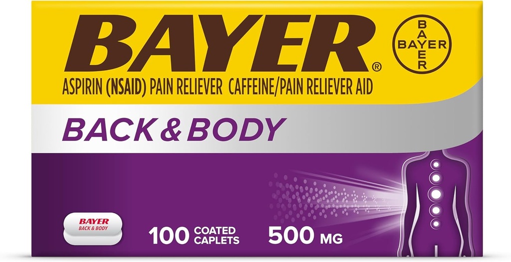 Bayer Back & Body תוספת כוח Aspirin, 500 מ"ג טבליות, הקלה מהירה באתר של כאב, כאב Reliever עם 32.5 מ"ג Caffeine, 100 Count