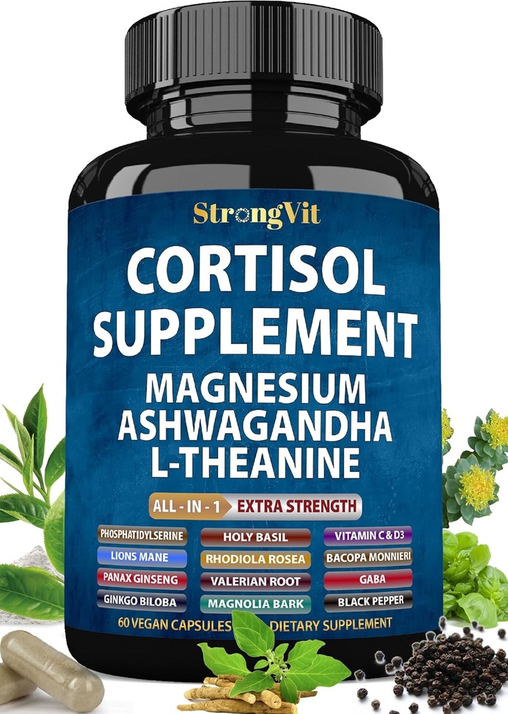 תוספי Cortisol לנשים עם מגנזיום, Ashwagandha & L-theanine. מנהל קורטיזול, צמצם, Detox, Lower and control (59 Count)