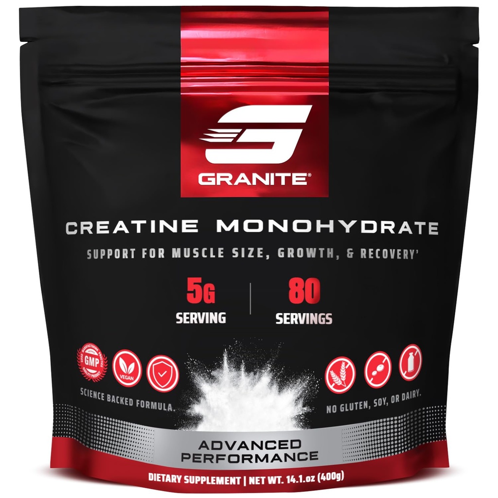 Granite Creatine Monohydrate, תומך בחוזק, אנדורנס, ושיקום שרירים, קריטין לגברים ונשים, Soy-Free, Milk-Free, Gluten-Free (80 משרתים)