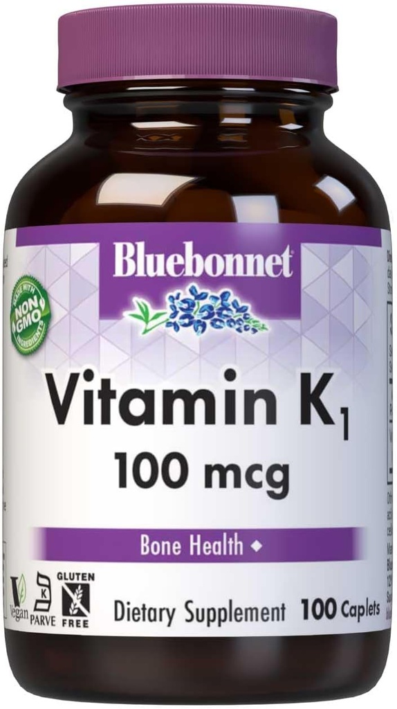 Bluebonnet ויטמין K1 100 mcg תומך בריאות העצם - Phylloquinone Crystalline ויטמין K תוסף - non-GMO, מוסמך כשר, Gluten-Free - 100 Vegan Caplets