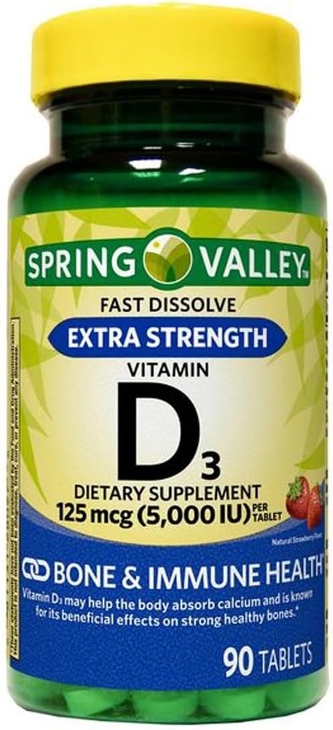 תוספת ויטמין D3 Fast Dissolve Tablets Dietary Supplement, 125 מקג (5,000 IU), Strawberry Flavor, 90