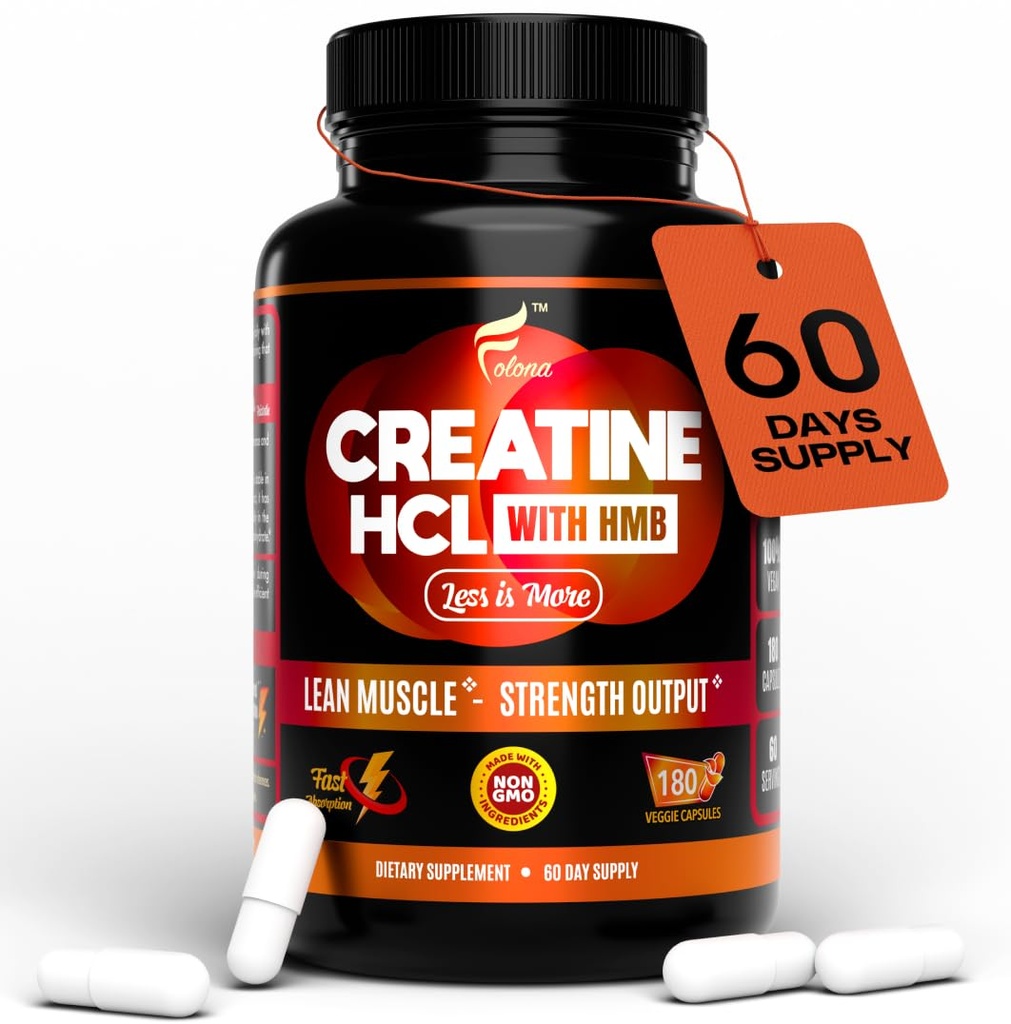 Creatine HCL קפסולות עם HMB - תוסף עבודה עבור גברים ונשים, שריר בונה, אנדורנס, כוח, עליונות מונוימליט: מיידית עבור Max Absorption, No לטעון, No Bloat, 180 קפסולות טבעוניות