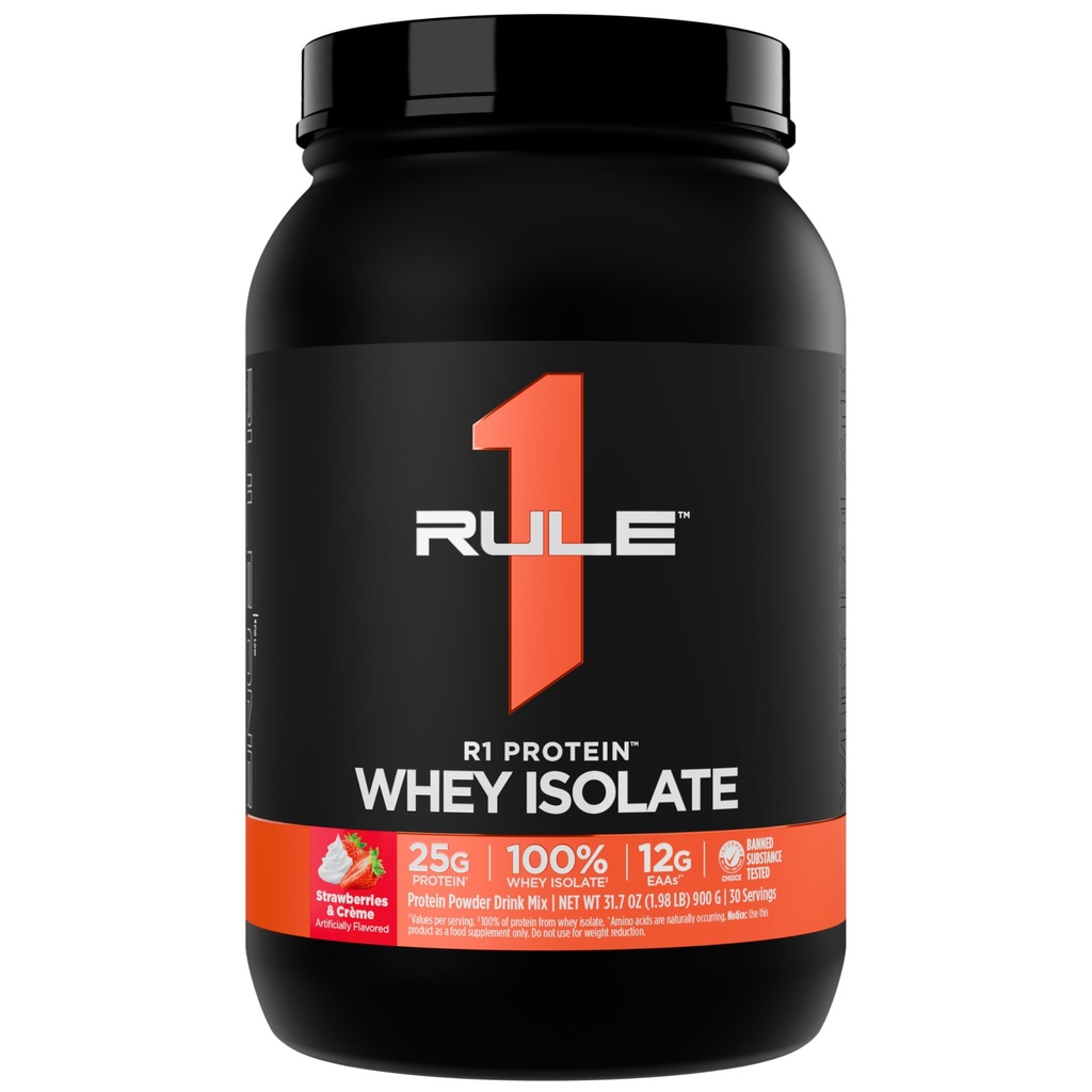 כלל 1 חלבון R1 Whey Isolate - עם 25g חלבון ו 6g BCAA בלעדי מ Isolated & hydrolyzed מקורות עבור Workout Recovery (2 פאונד *, Strawberries & Crème)