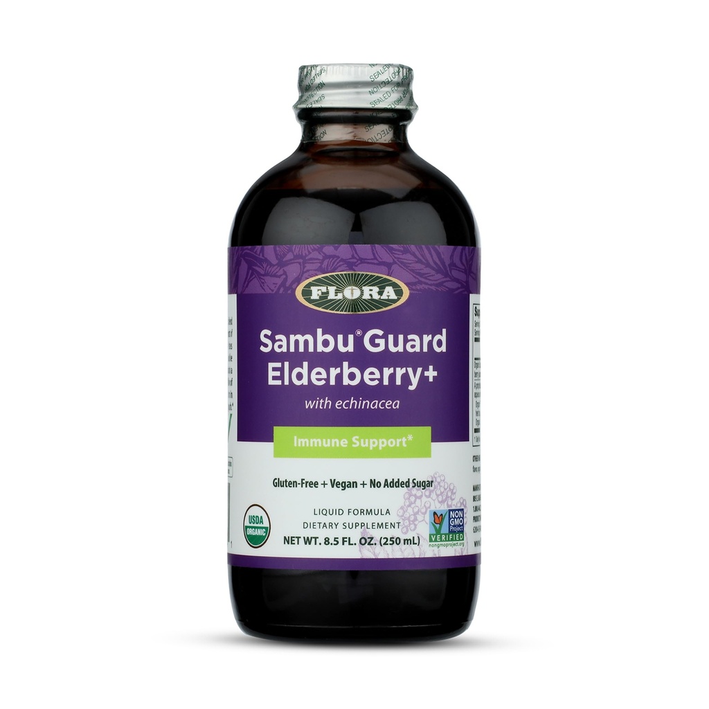 פלורה Black Elderberry Syrup + 8.5oz - Immune Booster עם Echinacea, עבור ילדים ומבוגרים, לא תוספת סוכר, Gluten חינם, טבעוני, סמבוגרד