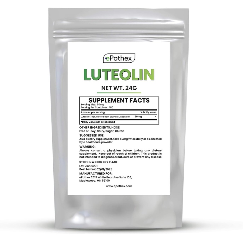 EPothex Pure Luteolin אבקת 24 גרמים, המוח ו מערכת העצבים תמיכה, מקדם פונקציונליות החיסון, אבסולוטיות מקסימלית