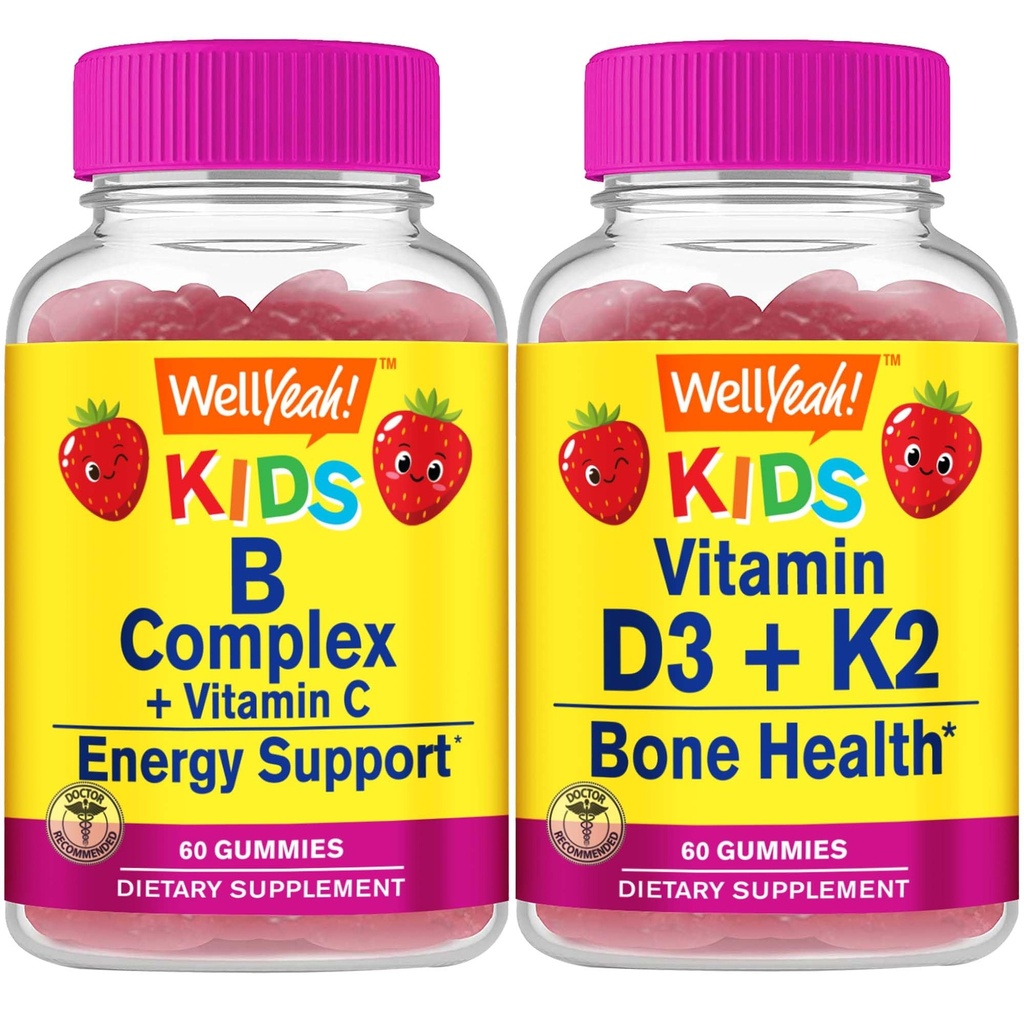 ובכן, ובכן, כן B Complex Kids + ויטמין D3+K2 ילדים, חניכיים בונדלה - גדול Tasting, ויטמין תוסף, Gluten Free, GMO Free, Chewable Gummymy