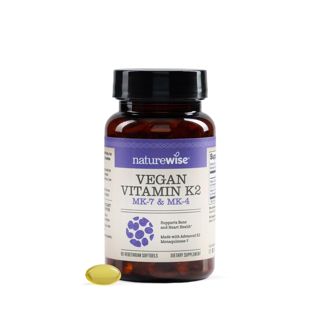 NatureWise ויטמין K2 600mcg תוספת עם MK-7 100mcg & MK-4 500mcg - Enhanced Bioavailable Formula - K Complex for Bone and Heart Health - טבעוני, Gluten Free, non-GMO -90 Softgels[3-Month Supply]
