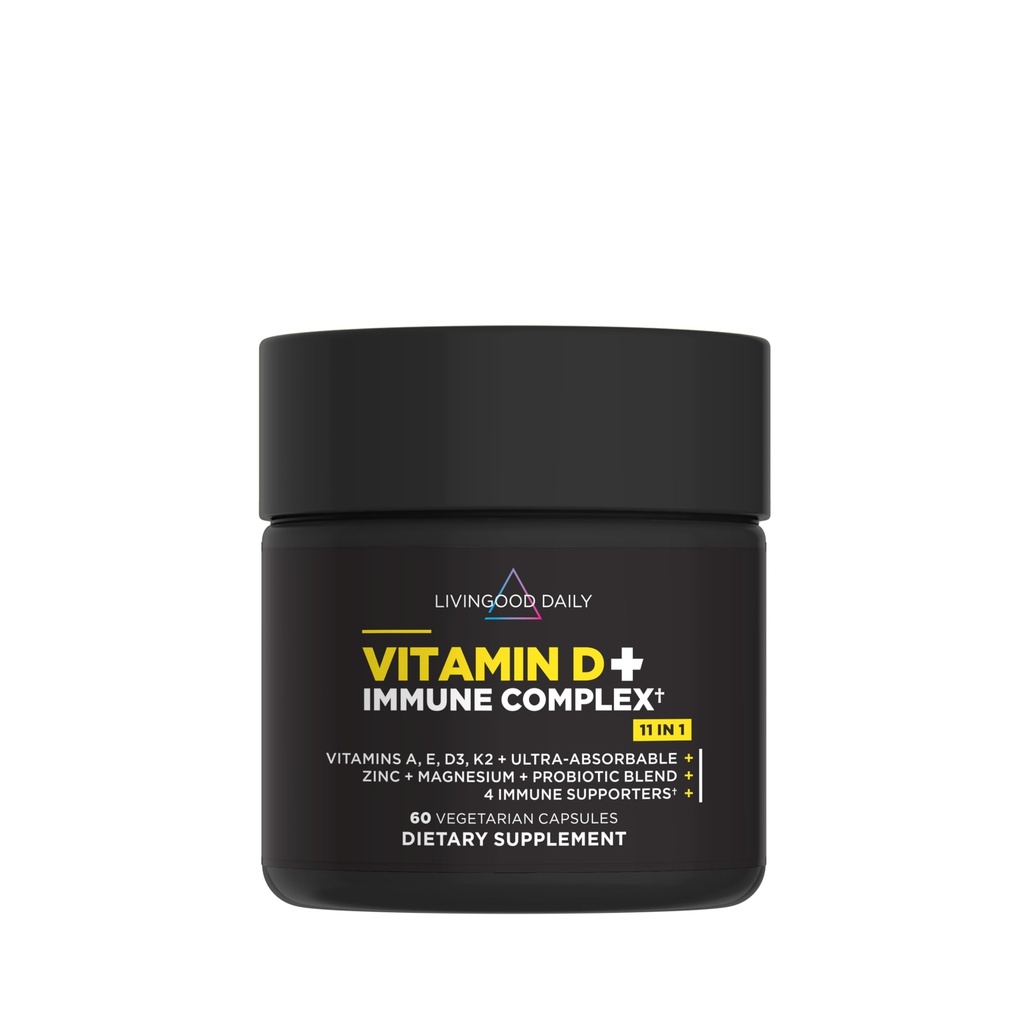 Livingood Daily ויטמין D + Immune Complex, Made עם ויטמין D3 K2, Zinc, Magnesium, ויטמין E & A ו Probiotics, Immune Support, Advanced Absorption, Gluten Free, non GMO, 60 קפסולות