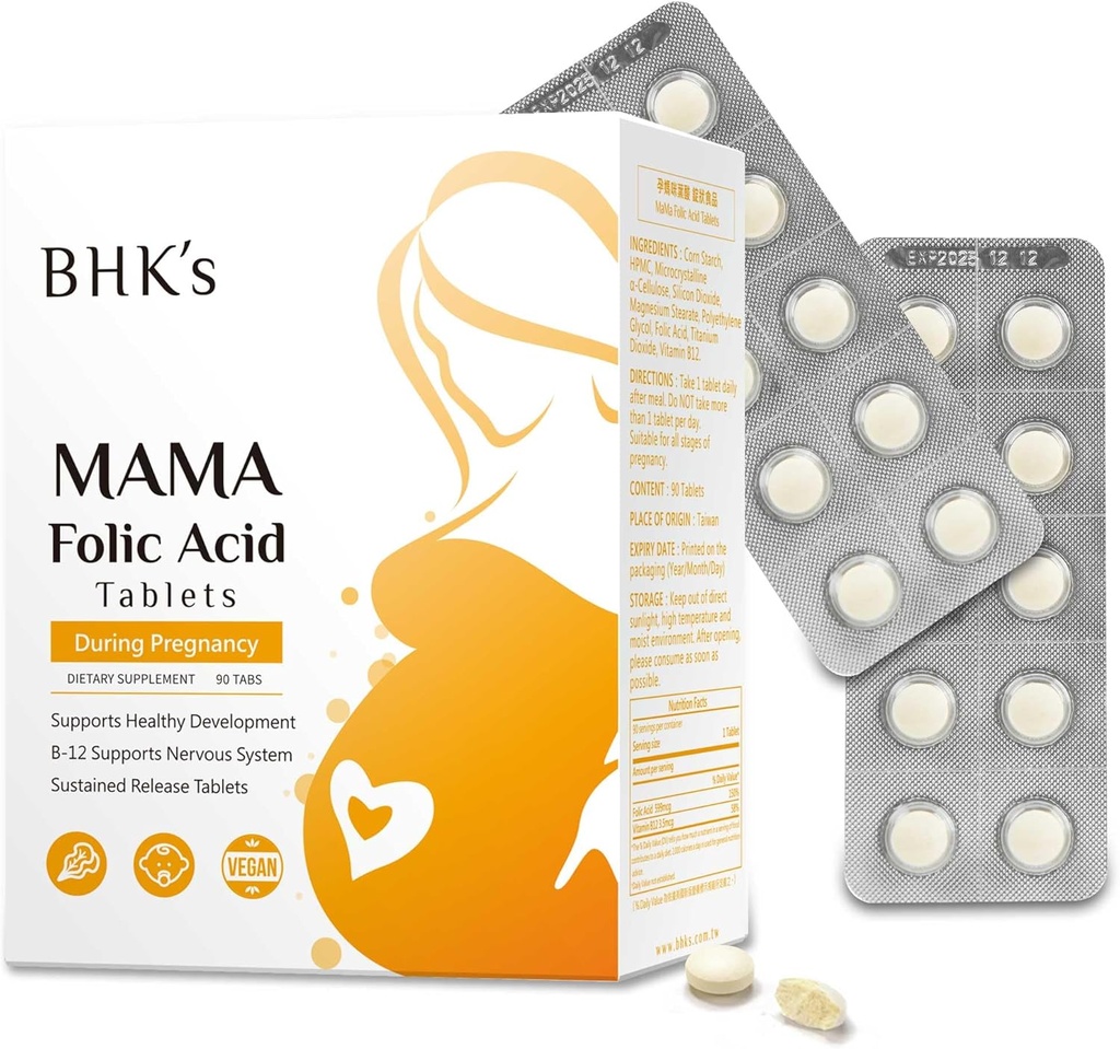 BHK's Folic Acid, לפני ההריון, תמיכה בייבי Nervous System Development, ויטמינים חיוניים עבור אמא ותינוק, 90 טבליות