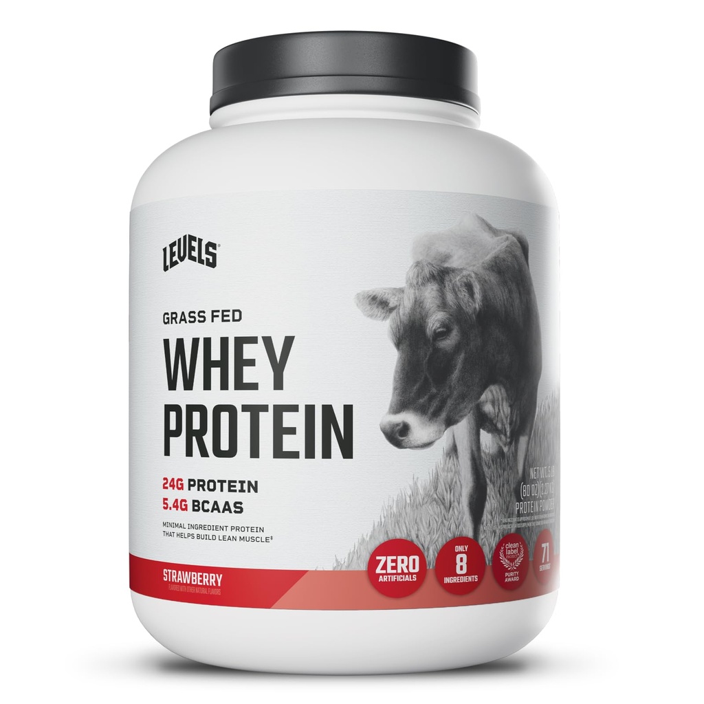 רמות Grass פדו אבקת חלבון Whey, לא מלאכותיים, 24G של חלבון, סטרוברי, 5LB