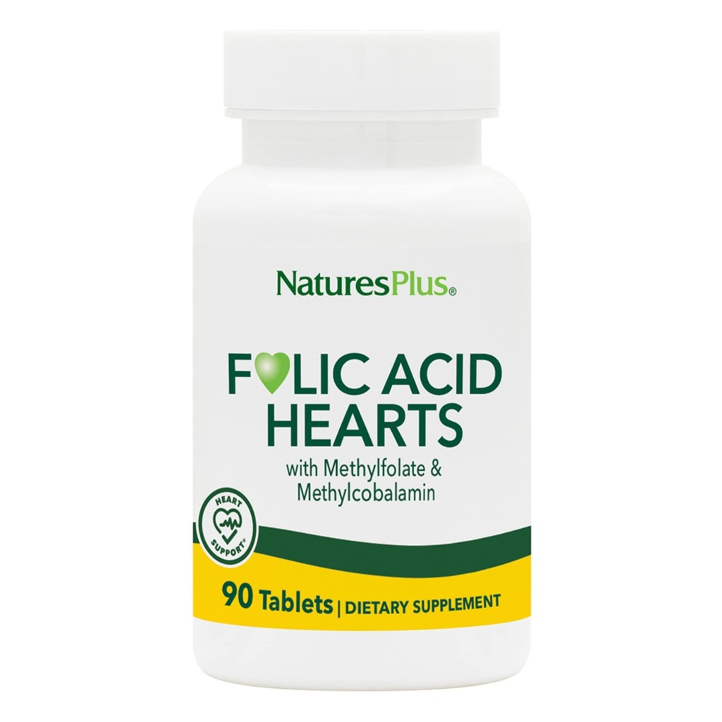 NaturesPlus Folic Acid Hearts (Methylfolate) - 400 mcg, 90 טבליות Vegetarian - עם ויטמין B6 & ויטמין B12 (כמו Methylcobalamin) - Gluten-Free - 90 משרתות
