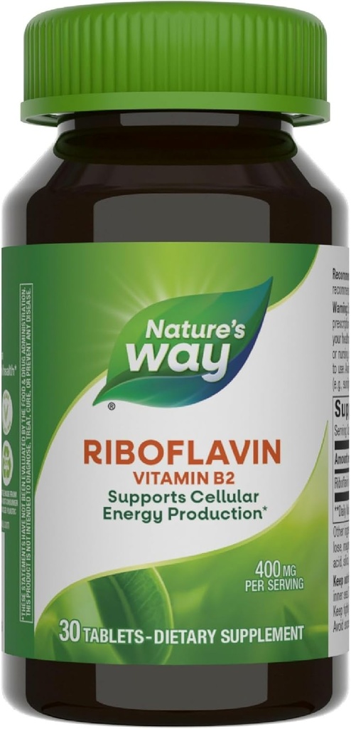 דרכו של הטבע Riboflavin ויטמין B2, תומך בייצור אנרגיה סלולרי *, טבעוני, 30 טבליות (Packaging May Vary)