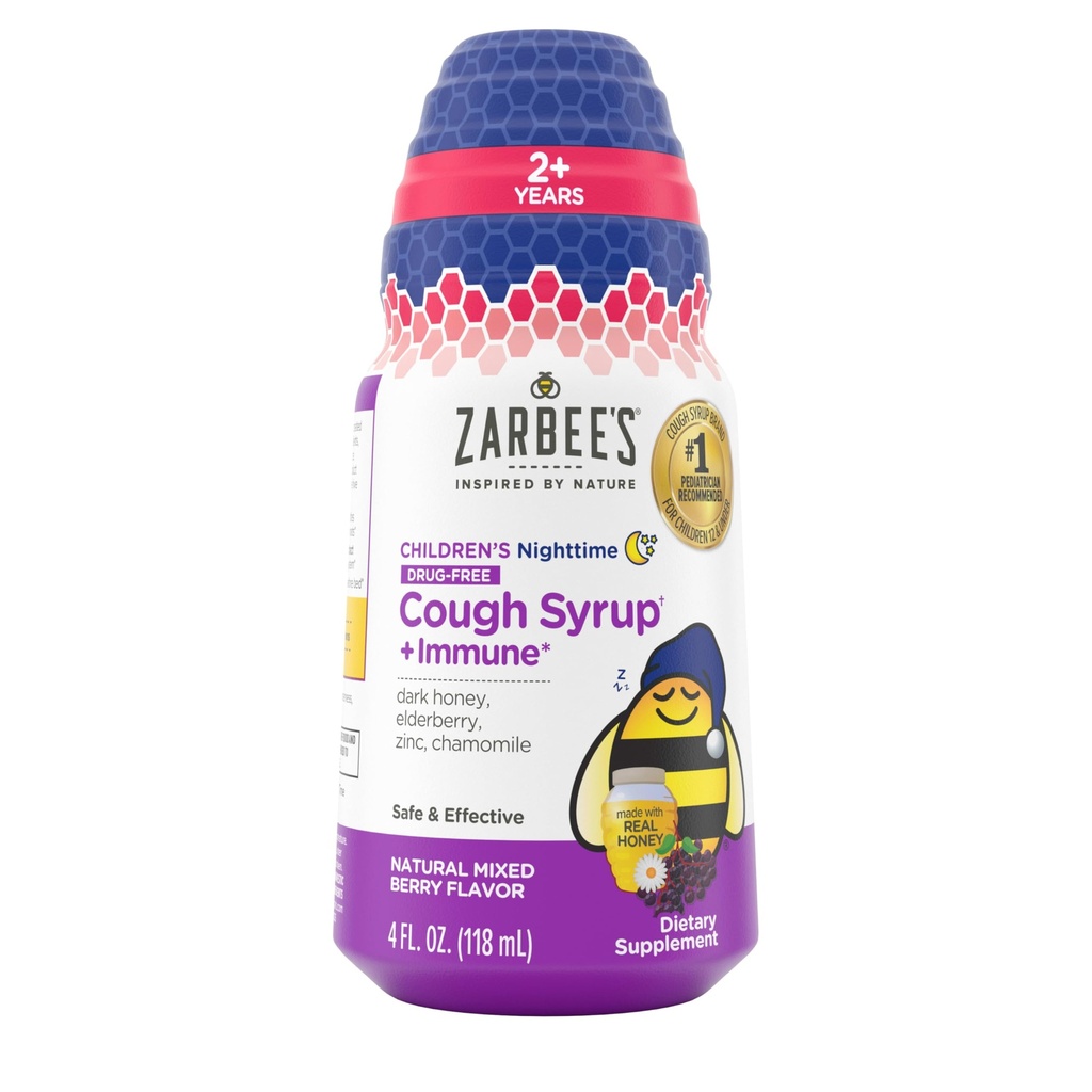 דבש הלילה של זרבי Cough Syrup + Immune for Kids 2+, Cough Syrup with Soothing Dark Honey, Real Elderberry, ויטמין D & Zinc, & Chamomile, Drug-Free, המעורב ברי, 4 oz.