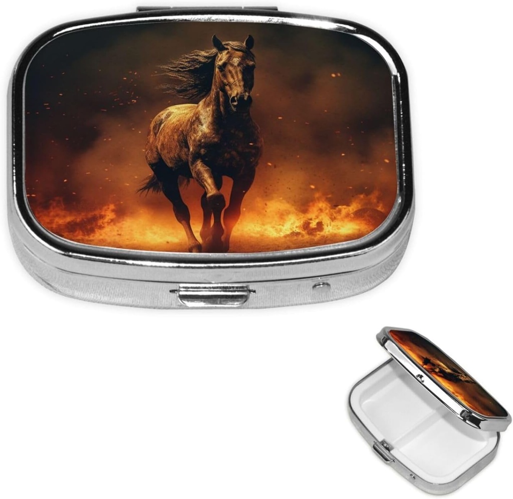 Pill Box Flame Horse Square Pill Case for Purse & Pocket 2 השוואתי גלולות מארגנת Portable Travel Pillbox Medicine ויטמין Cod Liver Oil Box