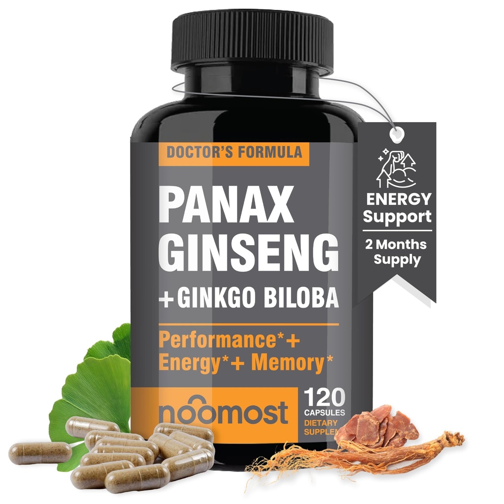 NooMost Authentic Korean Red Panax Ginseng + Ginkgo Biloba, 120 Vegan Capsules, Ginseng Root Extract Powder 1000mg (10% Ginsenosides) + Gingko Biloba 60mg, Energy and Focus Pills for Men and Women