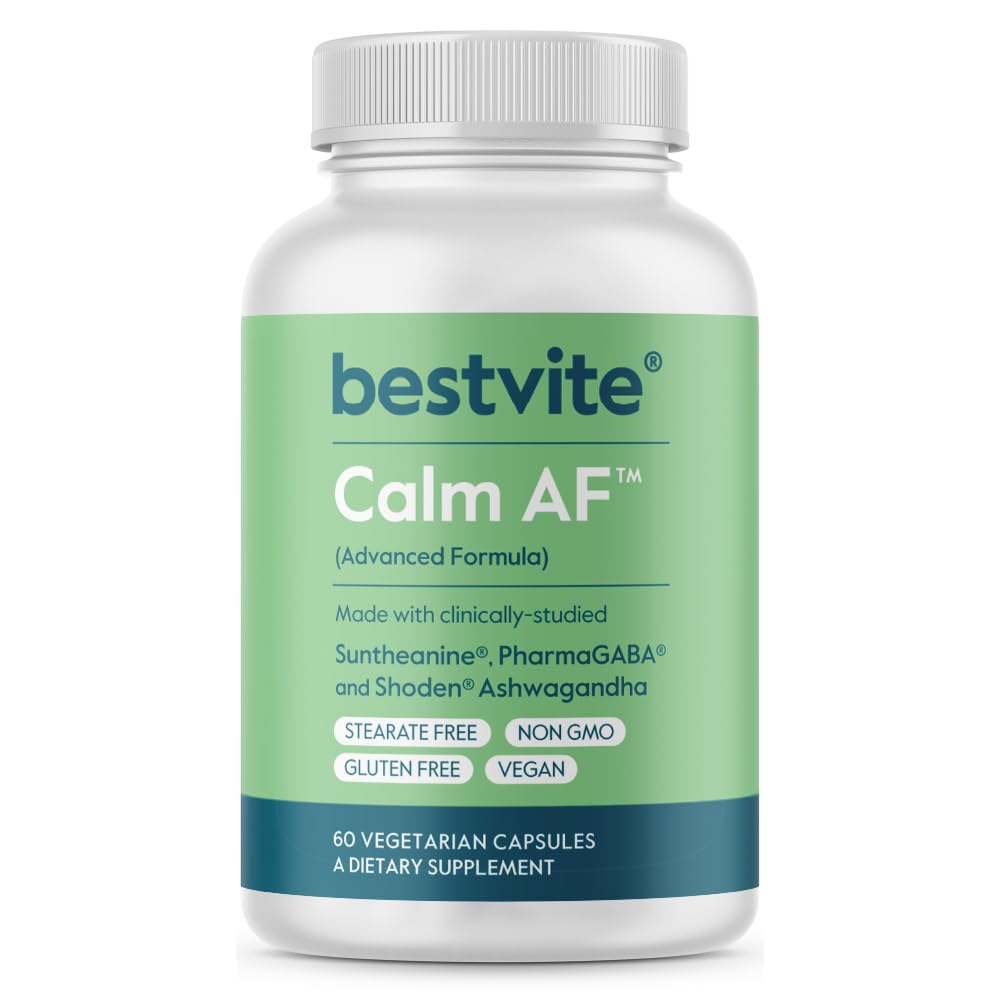 Calm AF (מתקדמים פורמולה) (60 Veggie Caps) - קלינית למד Shoden Ashwagandha, Suntheanine L Theanine, PharmaGABA - No Stearates - טבעוני - Non GMO - Gluten Free - Ashwaganha & GABAs Supplements