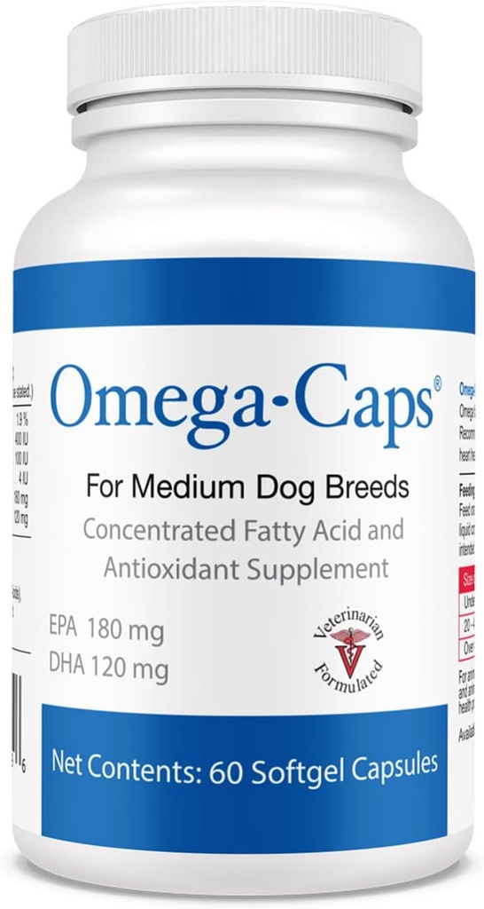 אומגה-Caps for Medium Dog Breeds - אומגה 3, ויטמינים, מינרלים, Antioxidants - תמיכה במערכת החיסון, מפרקים, לב ומוח - 60 קפסולות Softgel