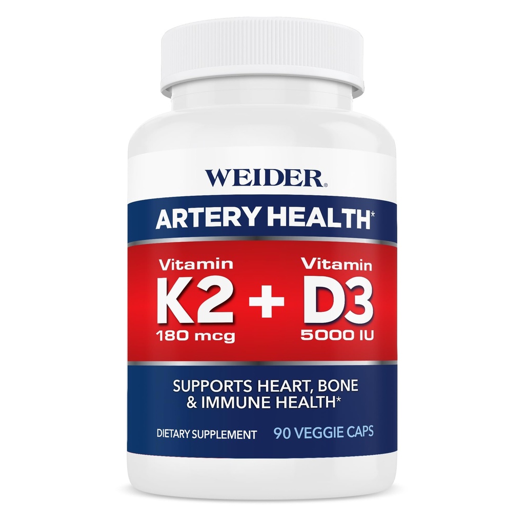 Weider Artery Health Supplement, ויטמין K2 (180mcg) ווויטמין D3 (5000iu), 90 קפסולות Veggie