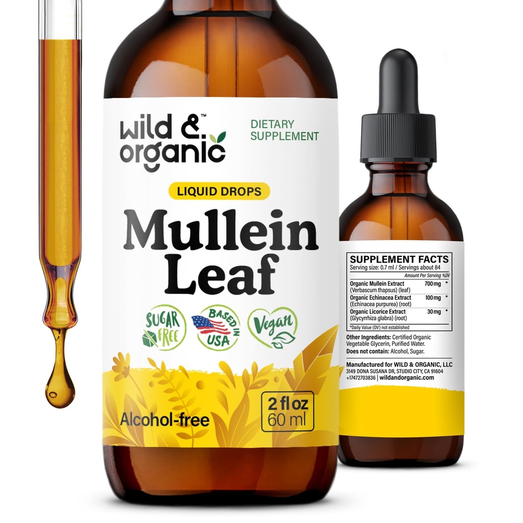 Wild & Organic Mullein טיפות עבור Lungs - Lung Detox ונקיטה - נוזל מולליין Leaf Tincture עם Echinacea & Licorice Root - טבעוני, סוכר ואלכוהול חינם תוספת - 2 fl oz oz oz