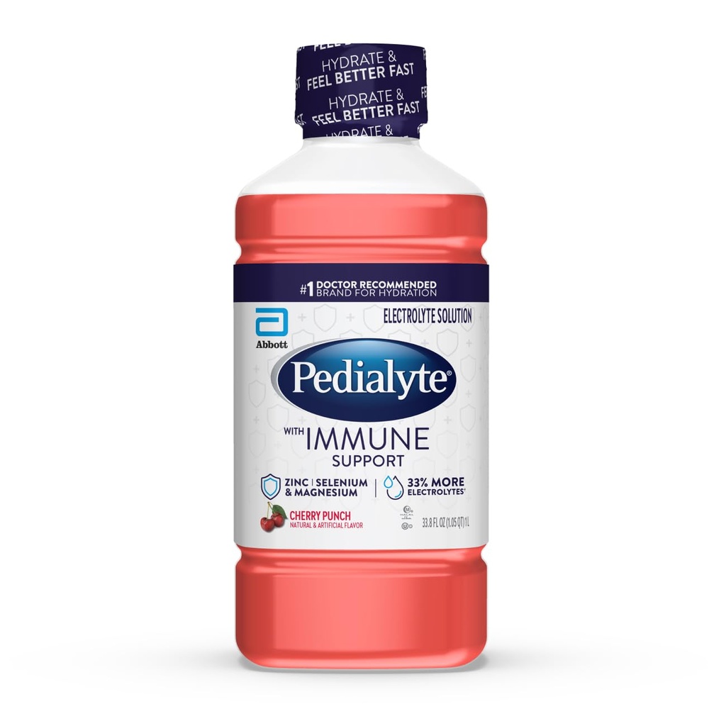 Pedialyte עם Immune תומך אלקטרוליטה פתרון, הידרה שתייה עם Zinc, Selenium ו Magnesium, Cherry Punch, 1 Liter