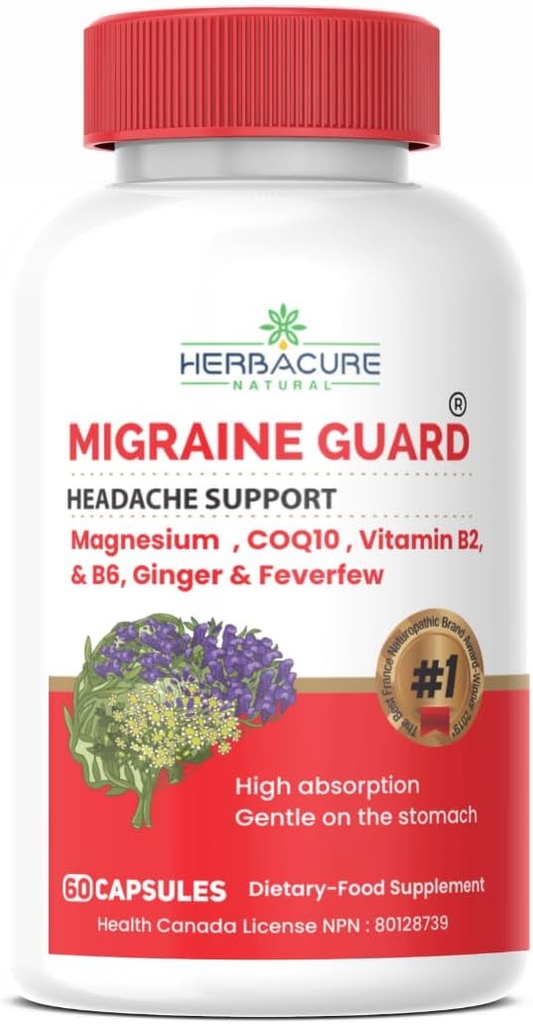 MIGRAINE Guard ® New Migraine Relief Headache Prevention, CoQ10, VIT B2, VIT B6, Feverfew, Magnesium GLYCIN, ג'ינג'ר, תגובה יוצאת דופן במהלך ניסויים שנעשו בקנדה