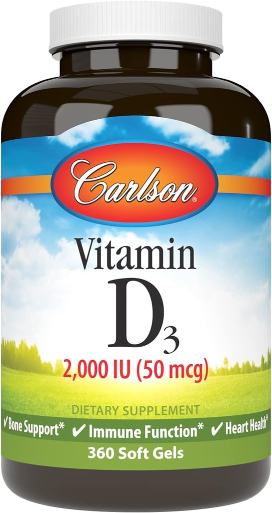 קרלסון - ויטמין D3, 2000 IU (50 mcg), בריאות העצם, בריאות השרירים, Cholecalciferol, ויטמין D תוספים, ויטמין D3 Soft Gels, 360 Softgels