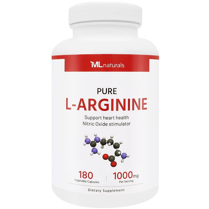 ML Naturals Pure L-Arginine 1000 מ"ג 180 קפסולות ירקות. Amino Acid, Nitric Oxide Stimulator ותומך בריאות הלב, NSF-Certified & cGMP-Compliant.