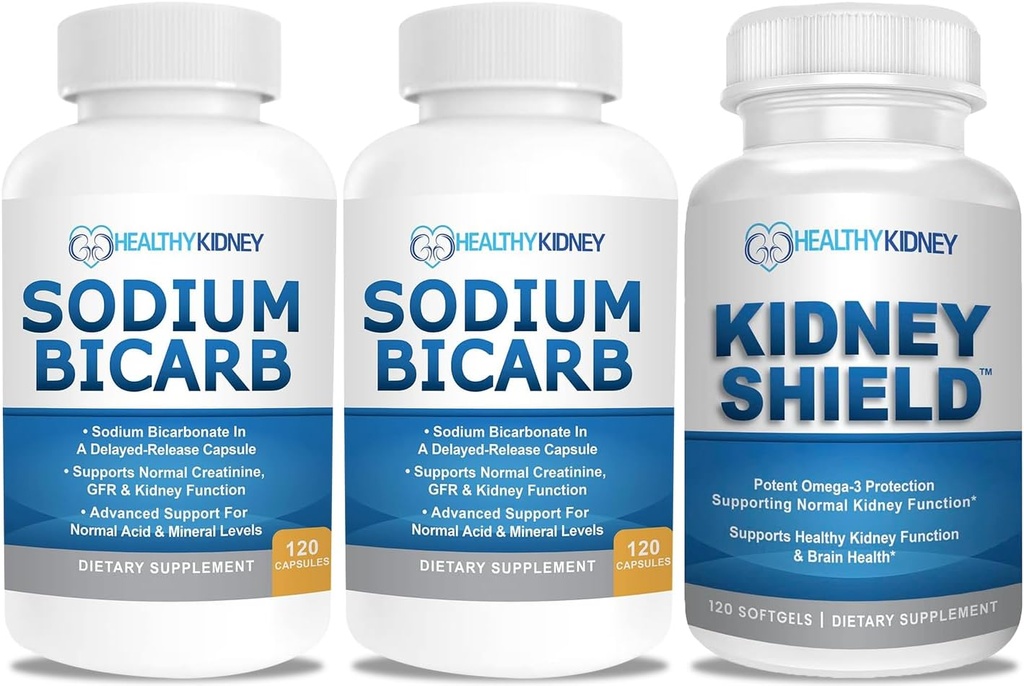 Sodium Bicarbonate 650 מ"ג קפסולות עבור סיוע Acid, Alkalinity 120 Pills 2Pack + Kidney Shield 120 Caps Kidney תוסף כדי לתמוך בתפקוד Kidney רגיל