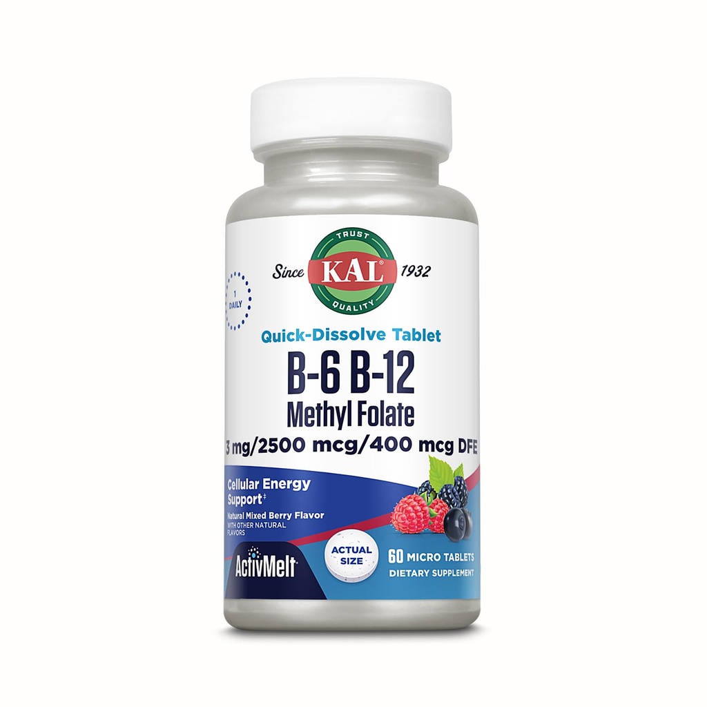 KAL ויטמין B-6 B-12 Methyl Folate ActivMelt, ויטמין B, בריאות הלב, האנרגיה ו- Red Blood Cell תמיכה עם Methyl B12 ו- DFE Folic Acid, Natural Bre Flavor, 60 משרתים, 60 מיקרו טאבס