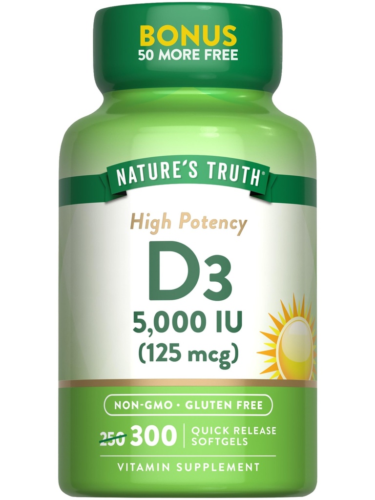 ויטמין D3 5000 IU (125 mcg) | 300 Softgels | ויטמין D עתיר שומן גבוה