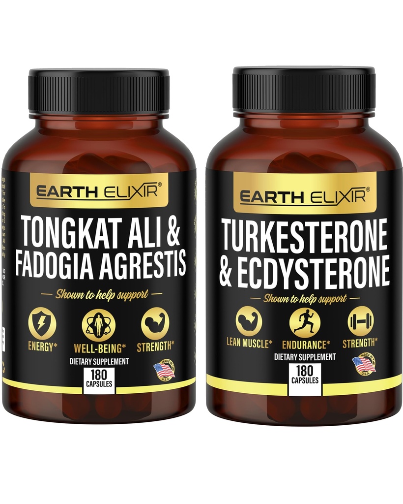 כדור הארץ Elixir Fadogia Agrestis 600 מ"ג וטונגקאט עלי 500 מ"ג + Turkesterone1000 מ"ג ו Ecdysterone 1000 מ"ג Supplments (180 קפסולות) בונדל