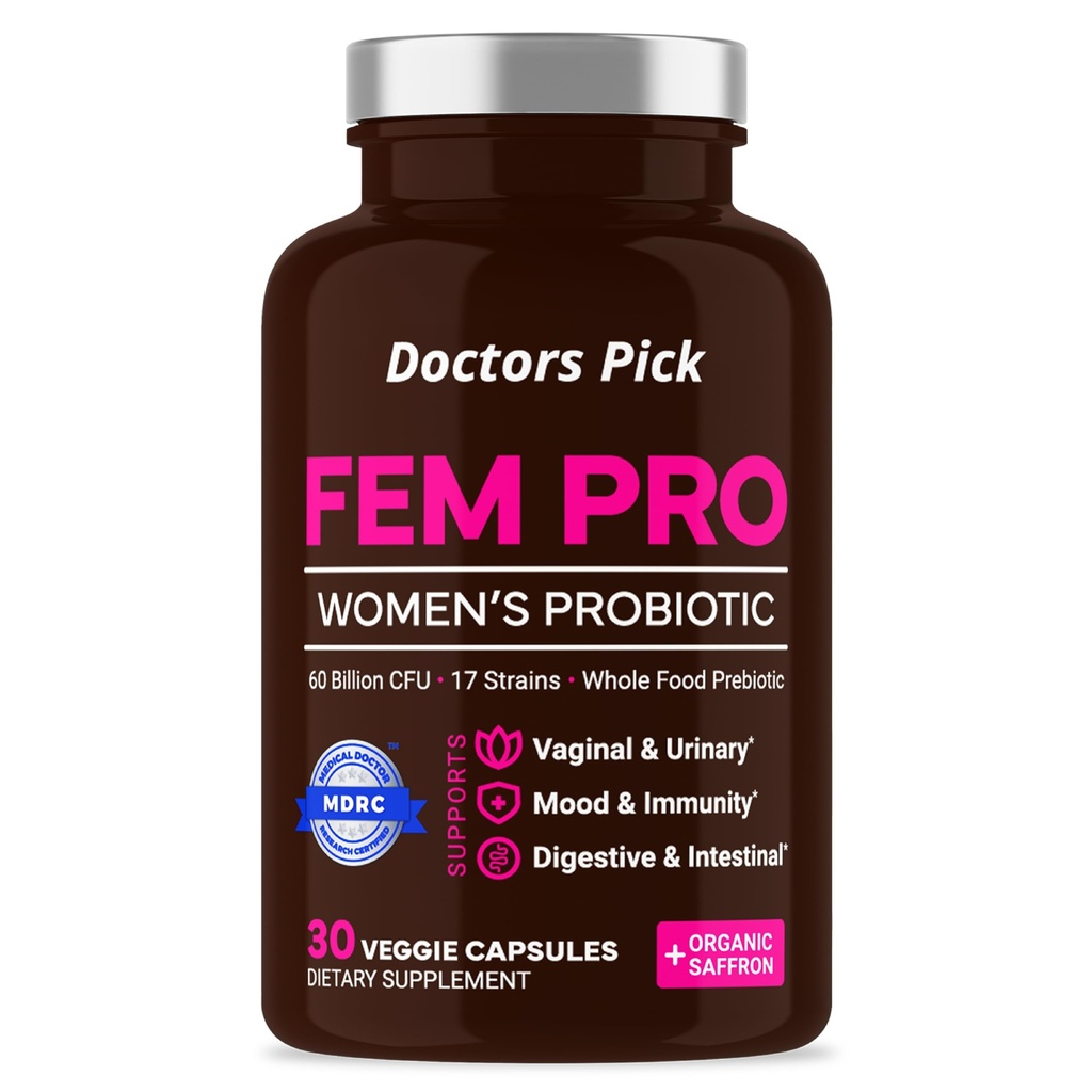 Fem Probiotics for Women. 17 Clinically Prostrains for Vaginal, Digestive & Immune Support, Urinary Tract Health, pH Balance and Mood. אורגני Prebiotic, 30 Veggie כמוסות