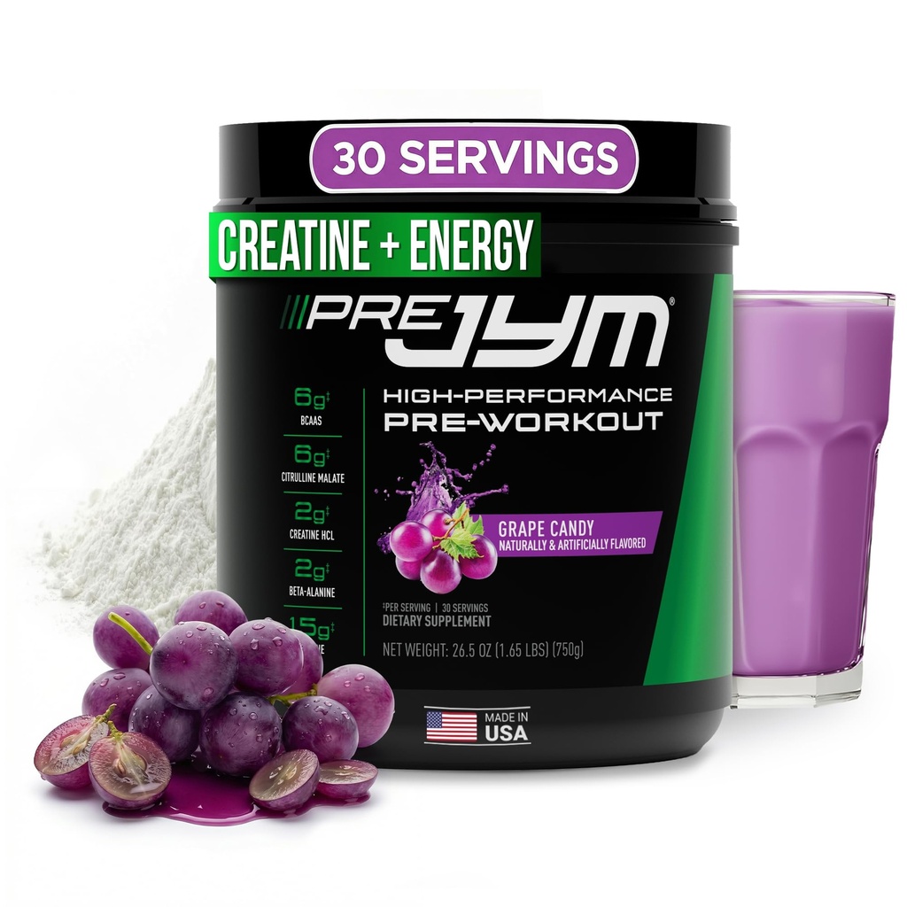 JYM תוסף Science Pre JYM Grape Candy Pre Workout אבקת לגברים ונשים, BCAAs, Nootropics, Creatine HCI, Citrulline, Beta-Alanine, Betaine, Tairine, Huperzine, 30 משרתים